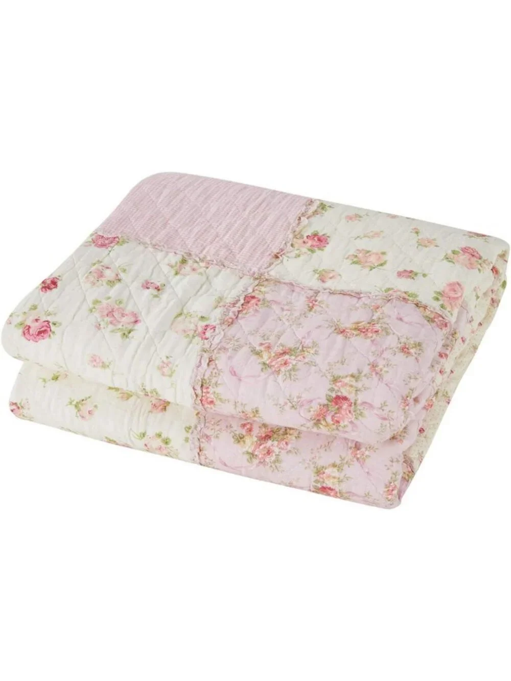 Cozy 100% Cotton Pink Floral Patchwork Quilt - Reversible Vintage Throw Blanket